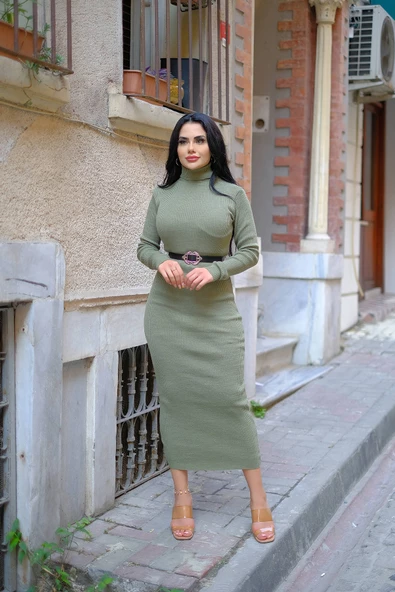 Boğazlı Triko Kalem Elbise (KEMER DAHİL DEGİLDİR S/M/L BEDEN UYUMLU)