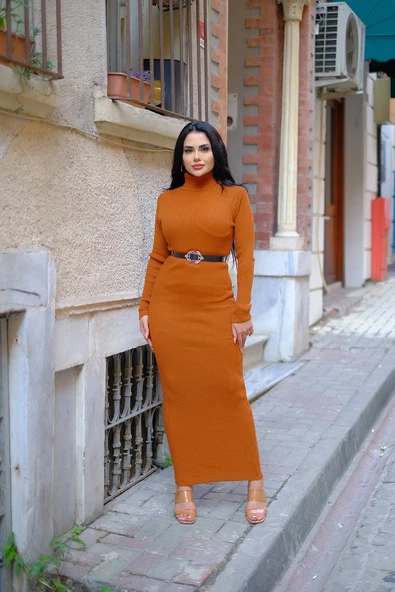 Boğazlı Triko Kalem Elbise (KEMER DAHİL DEGİLDİR S/M/L BEDEN UYUMLU) - 10