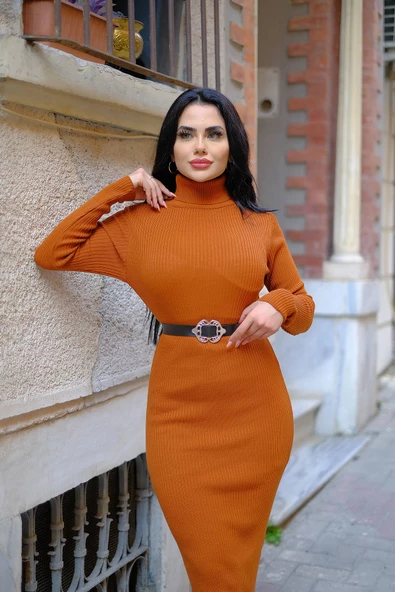 Boğazlı Triko Kalem Elbise (KEMER DAHİL DEGİLDİR S/M/L BEDEN UYUMLU) - 12