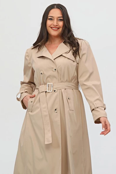 Uzun Büyük Beden Kadın Astarlı Trençkot - 2