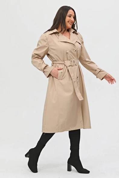 Uzun Büyük Beden Kadın Astarlı Trençkot - 4