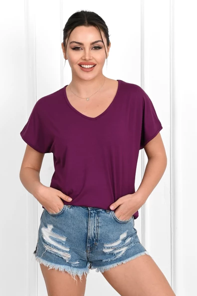 Kadın V Yaka Kısa Kollu T-shirt 1478-23 - 12