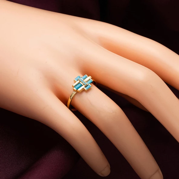 Firuze Baget Taşlı Altın 14 Ayar Yüzük - Resim 2