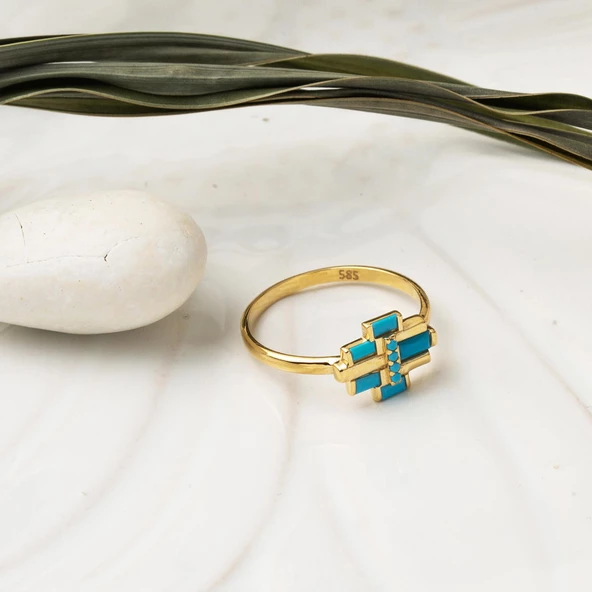 Firuze Baget Taşlı Altın 14 Ayar Yüzük - Resim 3