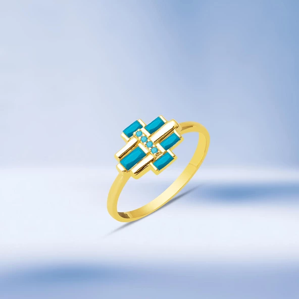 Firuze Baget Taşlı Altın 14 Ayar Yüzük - Resim 5