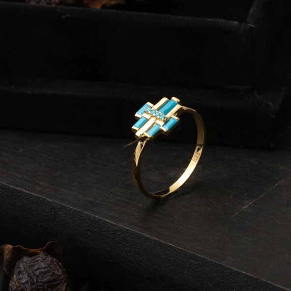 Firuze Baget Taşlı Altın 14 Ayar Yüzük - Resim 4