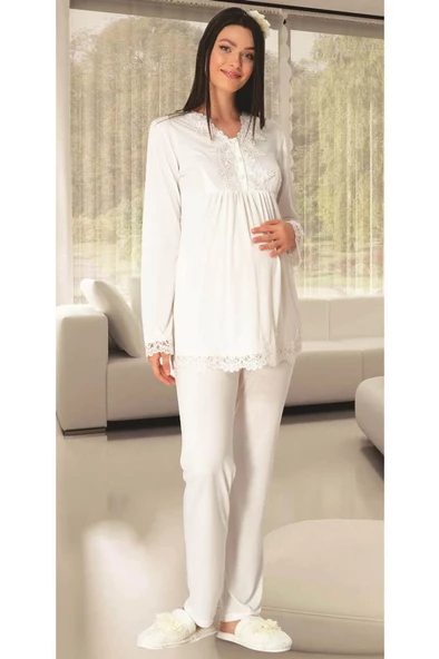 Carpediem LR 1519 Bayan Ekru 4 Parça Hamile Lohusa Gecelik Seti - Resim 3
