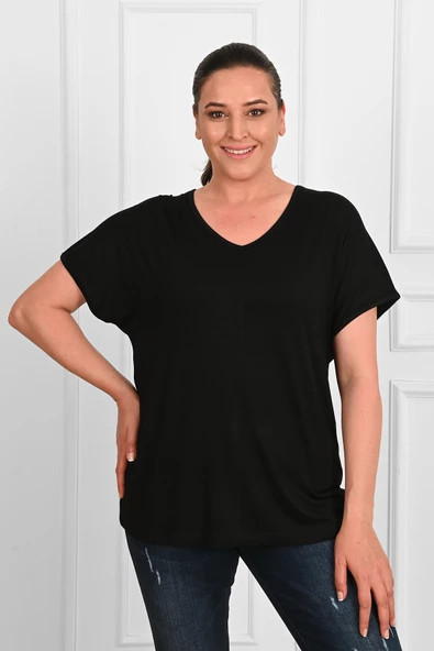 Kadın V Yaka Büyük Beden T-shirt 1486-23 - 4