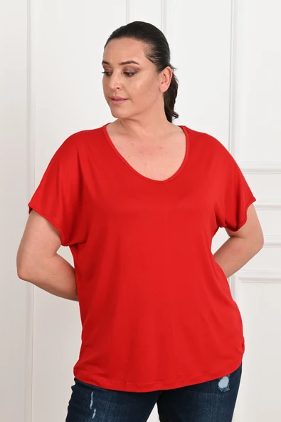 Kadın V Yaka Büyük Beden T-shirt 1486-23 - 10