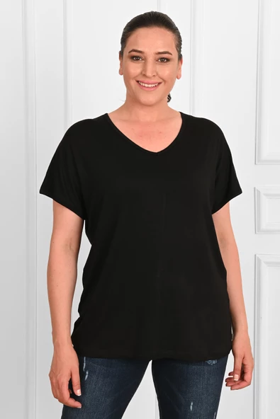 Kadın V Yaka Büyük Beden T-shirt 1486-23 - 5