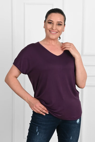 Kadın V Yaka Büyük Beden T-shirt 1486-23 - 12