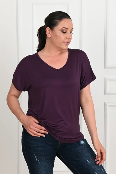 Kadın V Yaka Büyük Beden T-shirt 1486-23 - 11