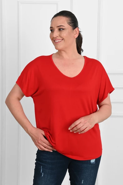 Kadın V Yaka Büyük Beden T-shirt 1486-23 - 6