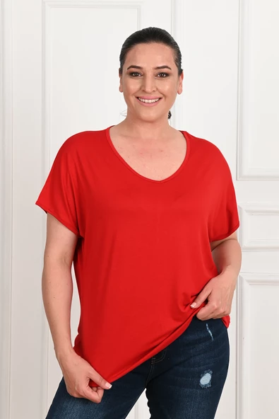 Kadın V Yaka Büyük Beden T-shirt 1486-23 - 9