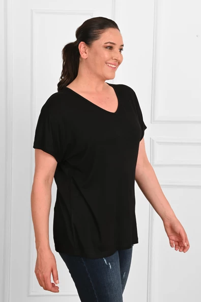 Kadın V Yaka Büyük Beden T-shirt 1486-23 - 3