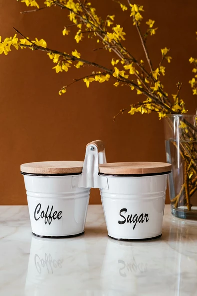 2li Tutma Kulplu Ahşap Kapaklı Kahve ve Şeker Kavanozu Seti