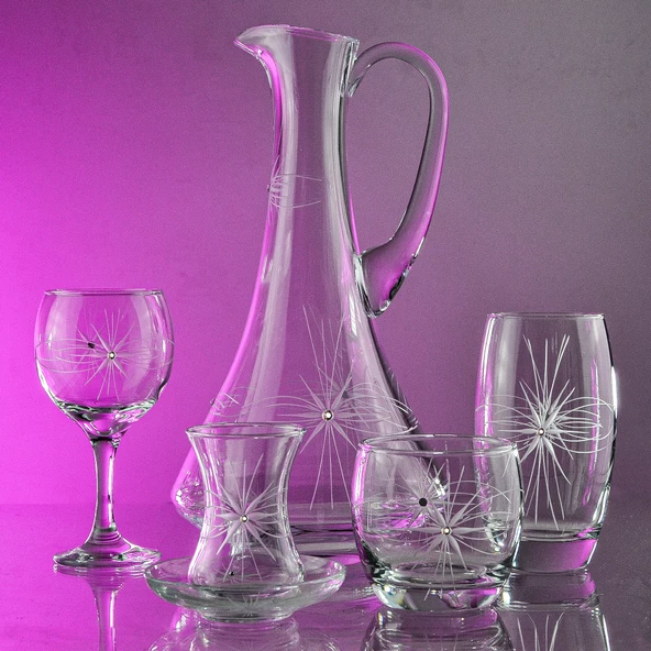 Decocia Pudgy 31 Parça 6 Kişilik  Bardak Çeyiz Seti Dik Karaflı Mira Desenli - Resim 2