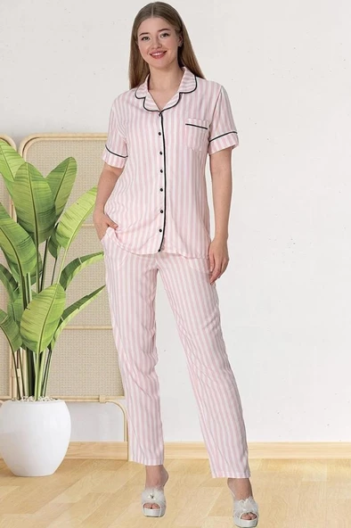 Mecit  5150  Pembe Çizgili Pamuk Saten Önden Düğmeli Kadın Pijama Takımı - 2