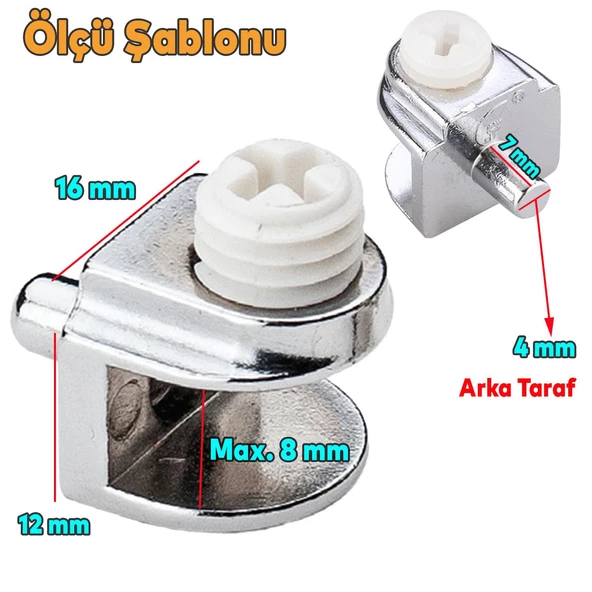 Raf Ahşap Cam Tutucu Cam Etejer Metal Pimli Krom Plastik Vidalı (4 Adet) - 2