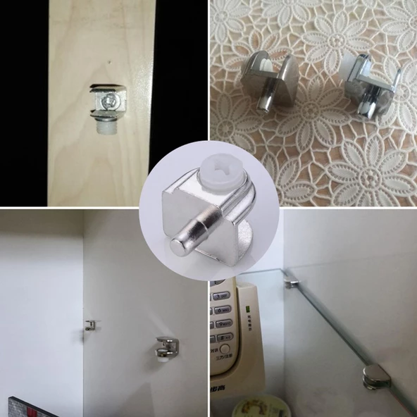 Raf Ahşap Cam Tutucu Cam Etejer Metal Pimli Krom Plastik Vidalı (4 Adet) - 3