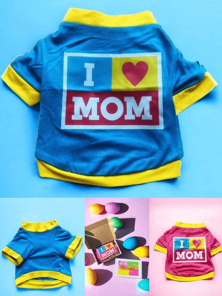 Hediye Paketli, Anneye Hediye, Love Mom Blue, Oval Yaka Tişört Köpek Kıyafeti,Elbisesi Anneler Günü, Anneye, Anne - 3