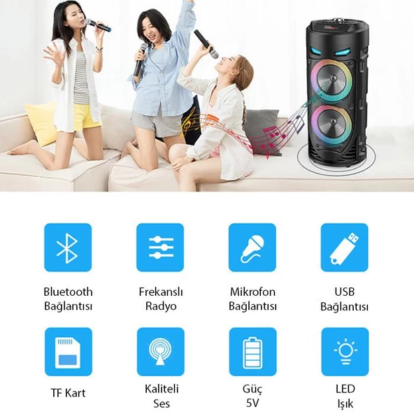 Polham 1800mAh Şarjlı RGB Işıklı Mikrofonlu Taşınabilir Bluetooth Hoparlör, Kumanda ve Mikrofonlu - 5