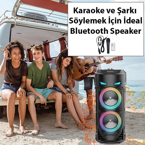 Polham 1800mAh Şarjlı RGB Işıklı Mikrofonlu Taşınabilir Bluetooth Hoparlör, Kumanda ve Mikrofonlu - 4