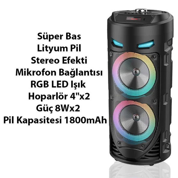 Polham 1800mAh Şarjlı RGB Işıklı Mikrofonlu Taşınabilir Bluetooth Hoparlör, Kumanda ve Mikrofonlu - 2