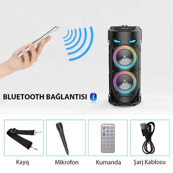 Polham 1800mAh Şarjlı RGB Işıklı Mikrofonlu Taşınabilir Bluetooth Hoparlör, Kumanda ve Mikrofonlu - 3