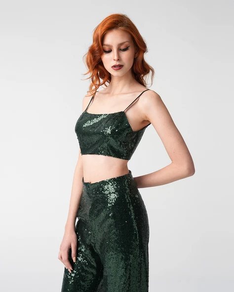 Kadın Zümrüt Yeşili Payet Crop Top Büstiyer
