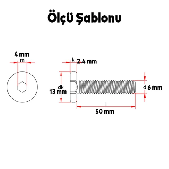 Silindir Çektirme Allen Girişli Vida Alçek Vida M6x50 10 Adet - 2