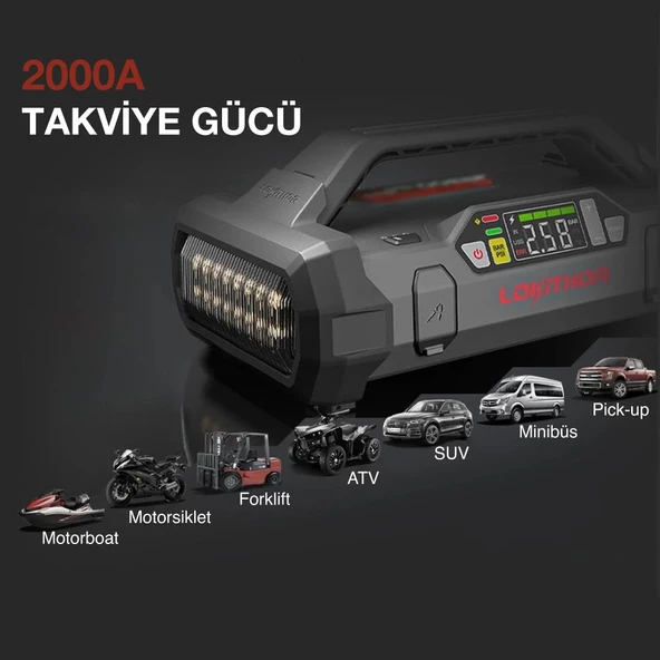 LOKITHOR JA301 12V 2000Amp Li-Polimer Akıllı Akü Takviye + Pompa + Powerbank + Led Lamba - 8