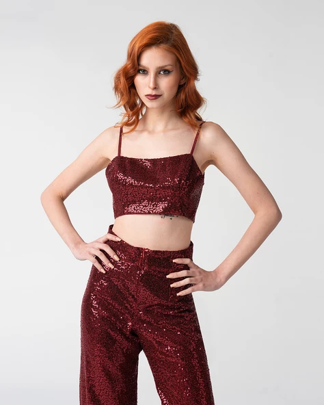 Kadın Kırmızı Payet Crop Top Büstiyer