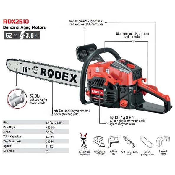Rodex Rdx2510 Benzinli Hızar Ağaç Kesme Motoru 45 Cm 32 Diş - 2