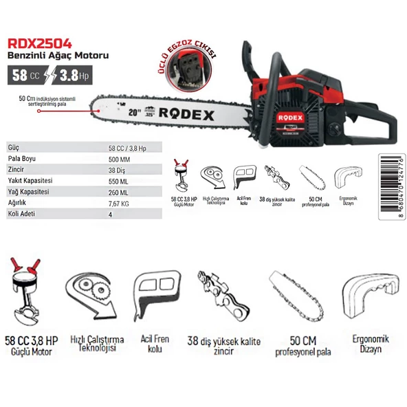Rodex Rdx2504 Benzinli Hızar Ağaç Kesme Motoru 50 Cm 38 Diş - 2