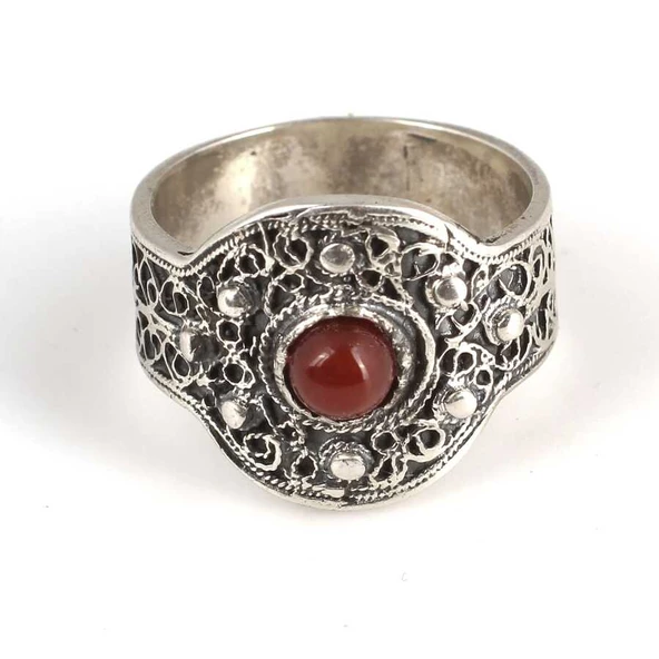 925 Ayar Gümüş Akik Taşlı Telkari Yüzük - Resim 5