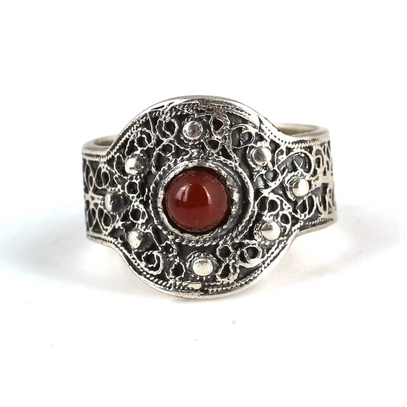 925 Ayar Gümüş Akik Taşlı Telkari Yüzük - Resim 4