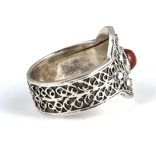 925 Ayar Gümüş Akik Taşlı Telkari Yüzük - Resim 3