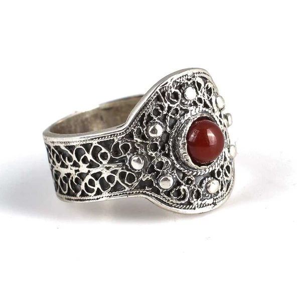 925 Ayar Gümüş Akik Taşlı Telkari Yüzük - Resim 2