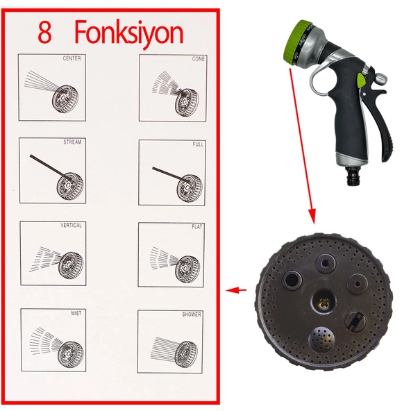 Otomatik 8 Fonksiyonlu Bahçe Sulama Tabancası Tetikli Ayarlı Tabanca - 2