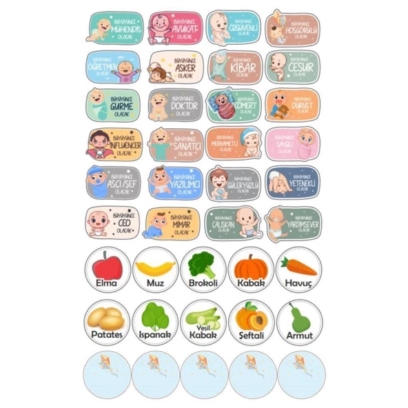 Digithome 39 Adet Değerler Meslekler ve Meyveler Kavanoz Etiketi Sticker Seti C1-1-149 - 2