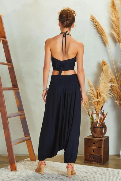 Drape Detay Beli Lastikli Şalvar Pantolon - 5