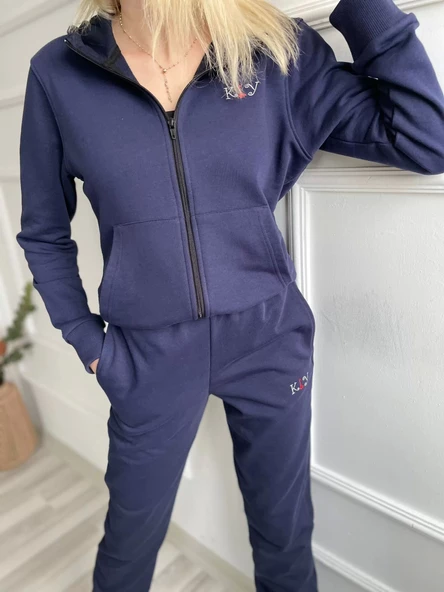 Kadın Kapüşonlu Paçası Lastikli Eşofman Takımı Lacivert - 2