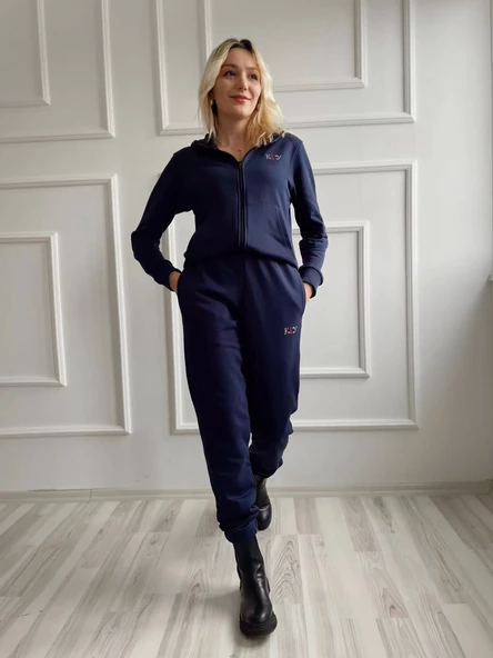 Kadın Kapüşonlu Paçası Lastikli Eşofman Takımı Lacivert - 4