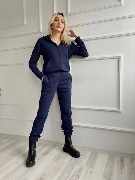 Kadın Kapüşonlu Paçası Lastikli Eşofman Takımı Lacivert - 5