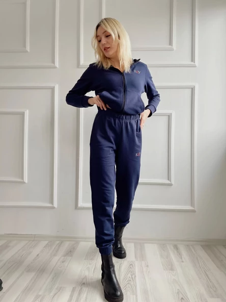 Kadın Kapüşonlu Paçası Lastikli Eşofman Takımı Lacivert - 3