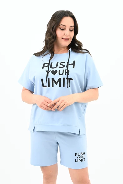 Kadın Yüksek Bel Yazı Baskılı Büyük Beden Şortlu Takım 8006-23 - 2