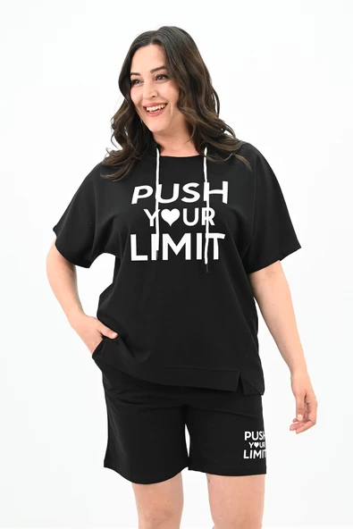 Kadın Yüksek Bel Yazı Baskılı Büyük Beden Şortlu Takım 8006-23 - 7