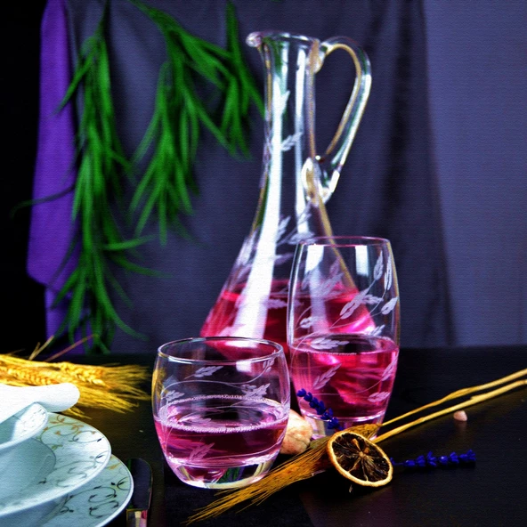 Decocia Pudgy 13 Parça  6 Kişilik Bardak Seti Dik Karaflı Sürgün Desenli - Resim 2