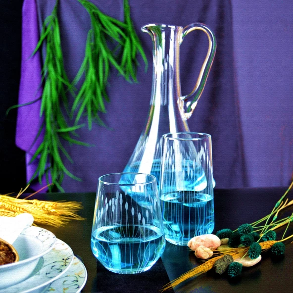 Decocia Kazaan 13 Parça 6 Kişilik  Bardak Seti Dik Karaflı Vega Desenli - Resim 2